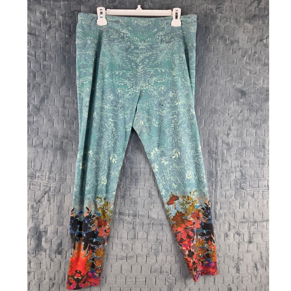 Soft Surroundings‎ Teal Floral Damask Print Leggings XL High Rise Cotton Stretch